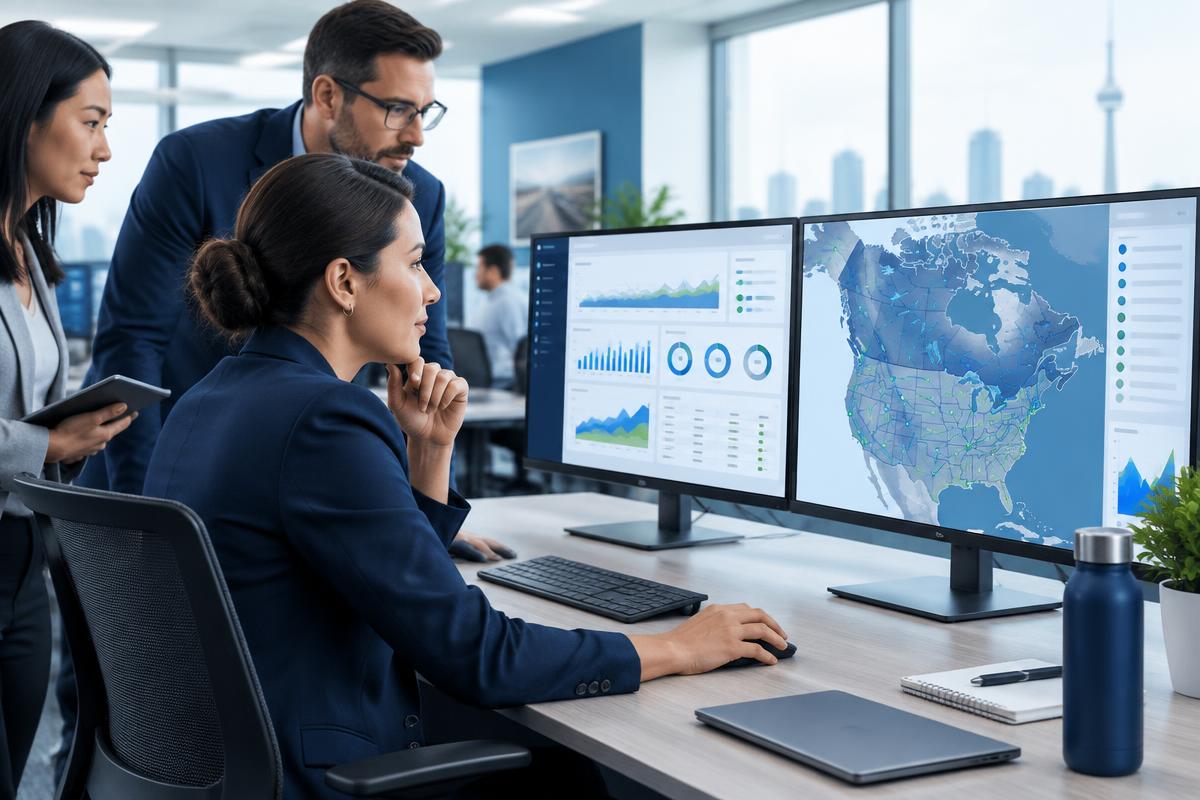 A transportation team reviewing freight analytics and a North American carrier network